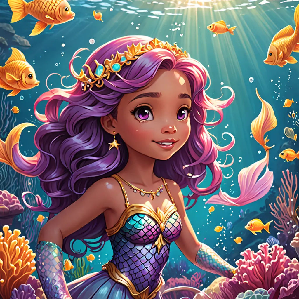 a mermaid with purple hair and a crown on her head is sitting on a rock under the water and surrounded by fish, fantasy art, a storybook illustration, Cliff Childs, kinkade