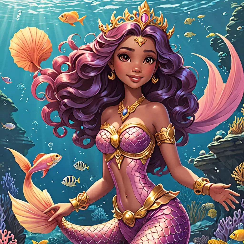 a beautiful mermaid with purple hair and gold jewelry standing in the ocean with fish and corals around her, fantasy art, concept art, Cliff Childs, kinkade