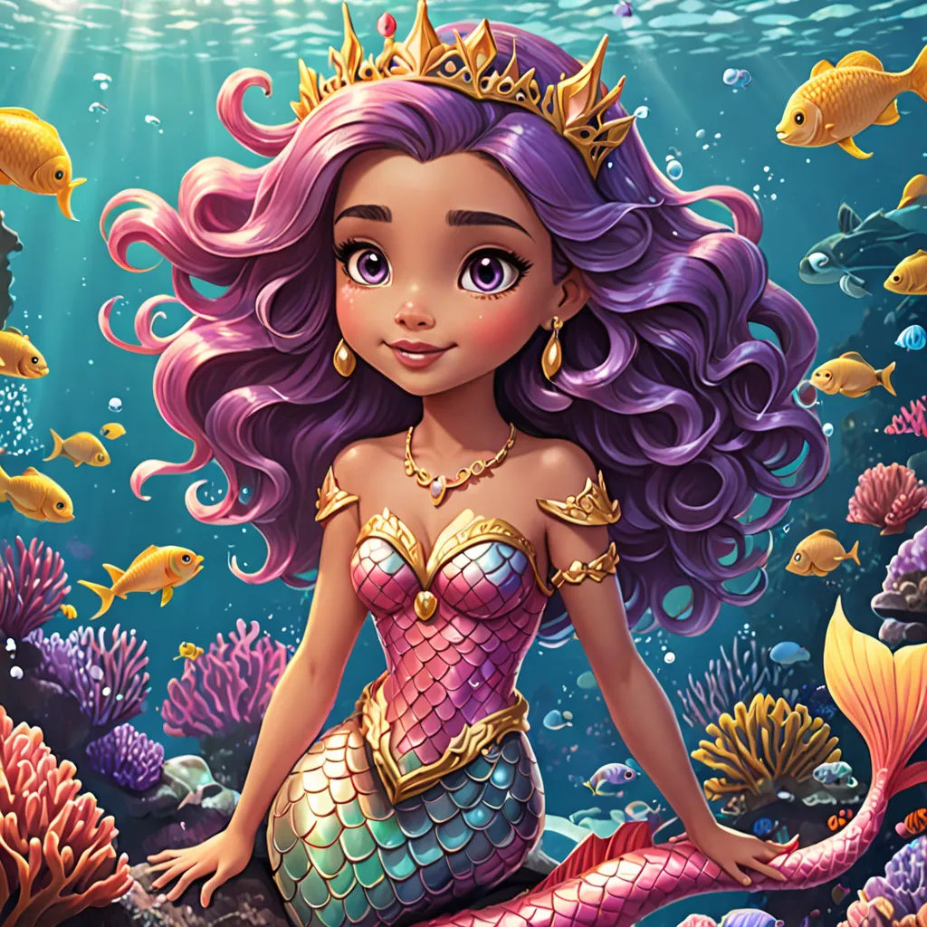 a mermaid with purple hair and a crown sitting on a rock under the water with fish and corals, fantasy art, a storybook illustration, Cliff Childs, highly detailed digital painting