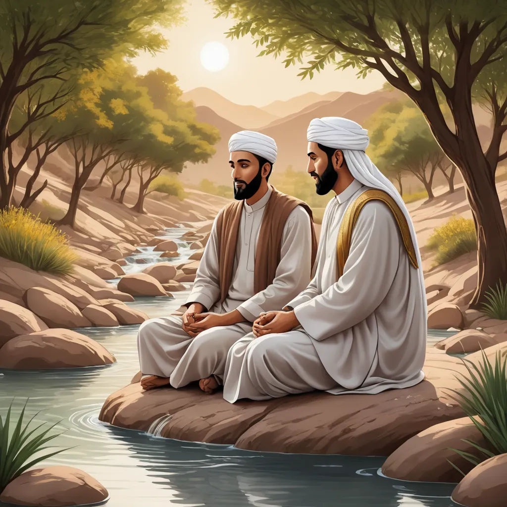 two men sitting on a rock in a river with trees and rocks in the background and a stream running through the middle, hurufiyya, a storybook illustration, Brothers Hildebrandt, high detail illustration