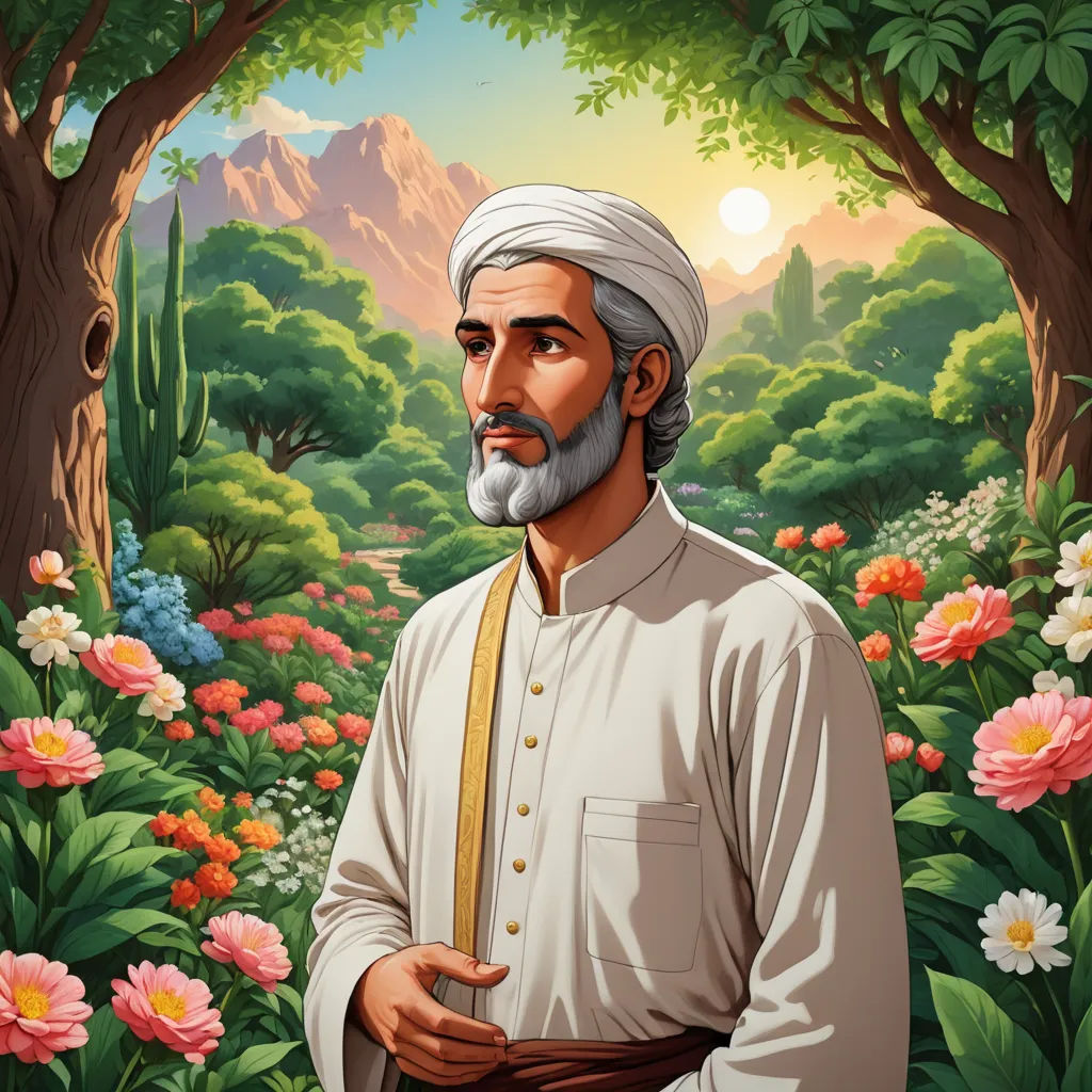 a painting of a man with a beard and a white turban standing in a garden of flowers, qajar art, a character portrait, Ahmed Karahisari, character portrait
