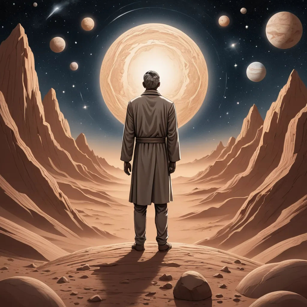 a man standing on a desert looking at planets in the sky with a star in the background and a person standing on a rock, space art, poster art, Barclay Shaw, comic cover art