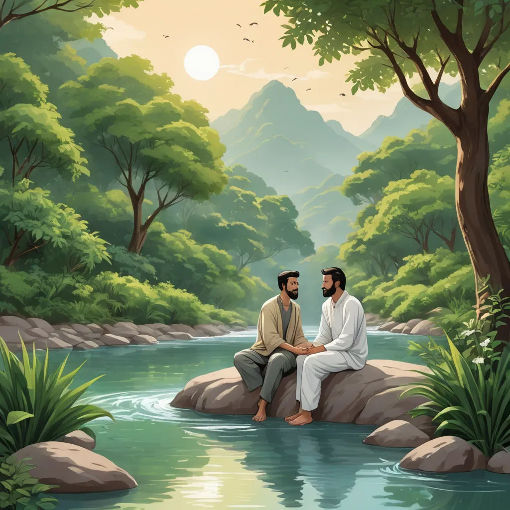two men sitting on a rock in a river surrounded by trees and mountains, with a sun setting behind them, naturalism, a storybook illustration, Brothers Hildebrandt, official art