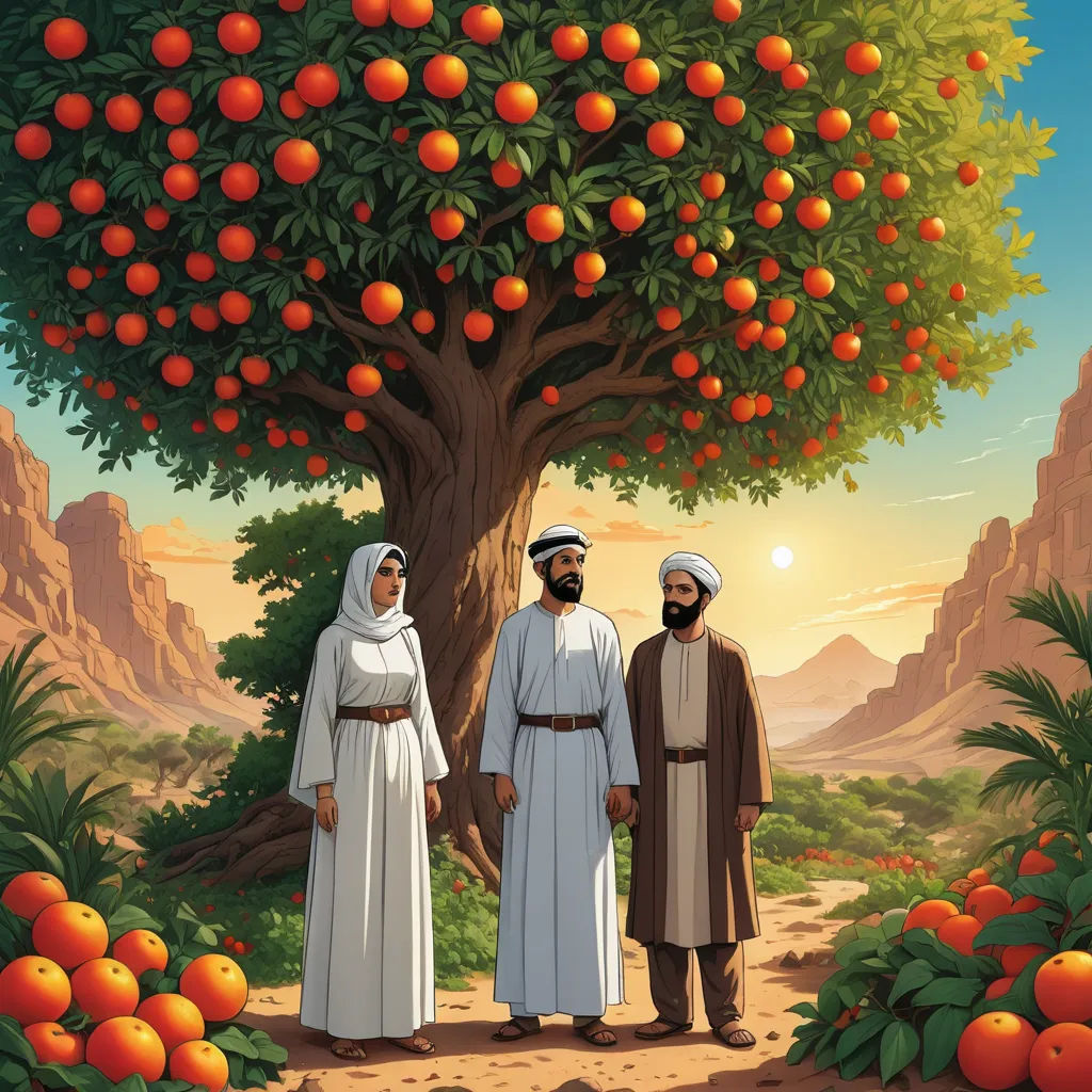 a painting of two men standing under a tree with oranges on it and a mountain in the background, excessivism, a storybook illustration, Asaf Hanuka, poster