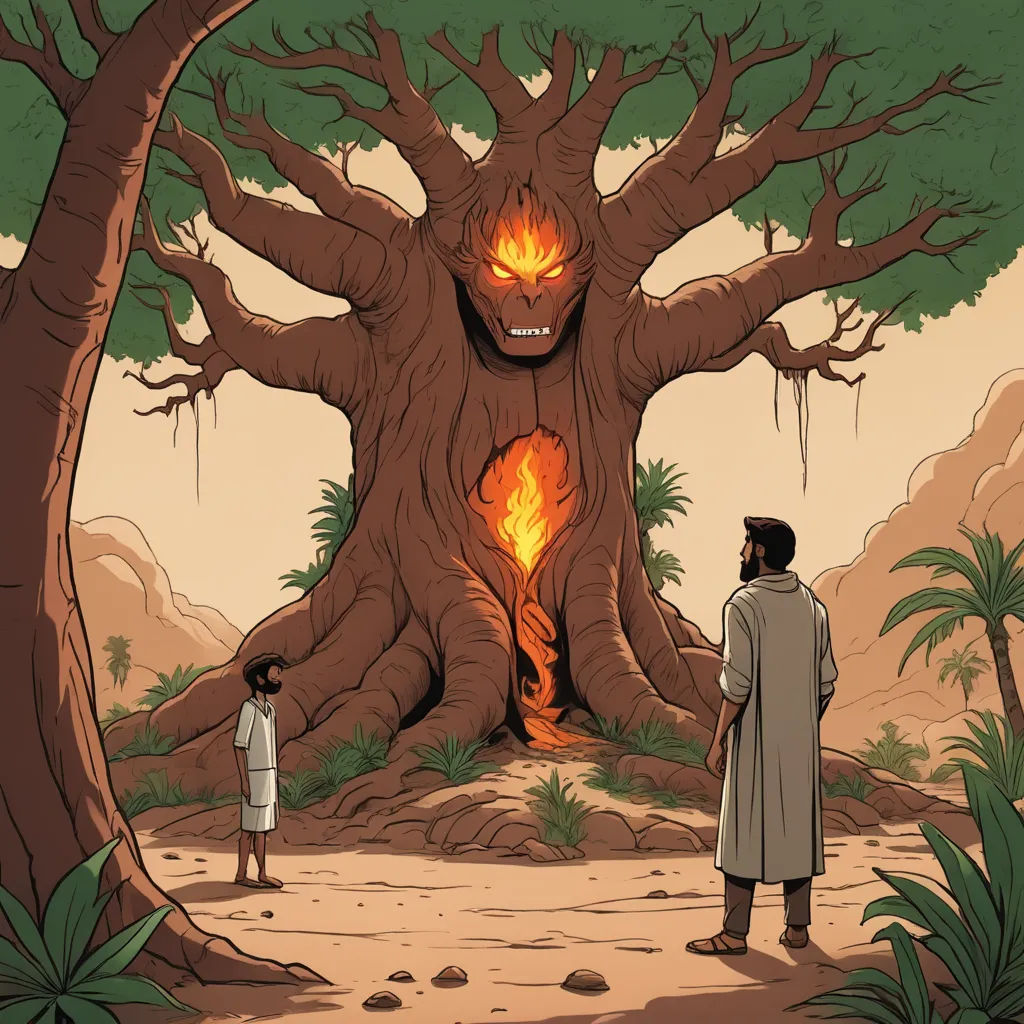 a man standing in front of a tree with a glowing face on it's face and another man standing in front of it, afrofuturism, a storybook illustration, Asaf Hanuka, comic cover art