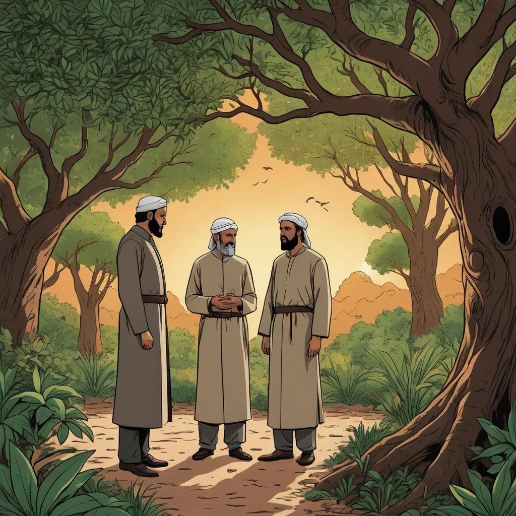 three men standing in a forest with trees and bushes around them, one of them is holding a tray of food, hurufiyya, a storybook illustration, Brothers Hildebrandt, graphic novel