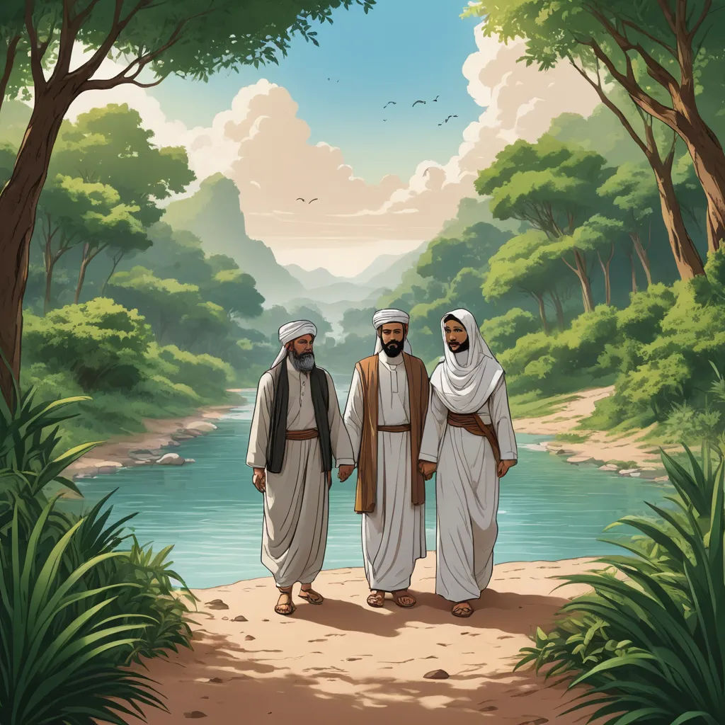 two men walking down a path in the woods near a river and trees, with a sky background and clouds, les nabis, an illustration of, Brothers Hildebrandt, high detail illustration