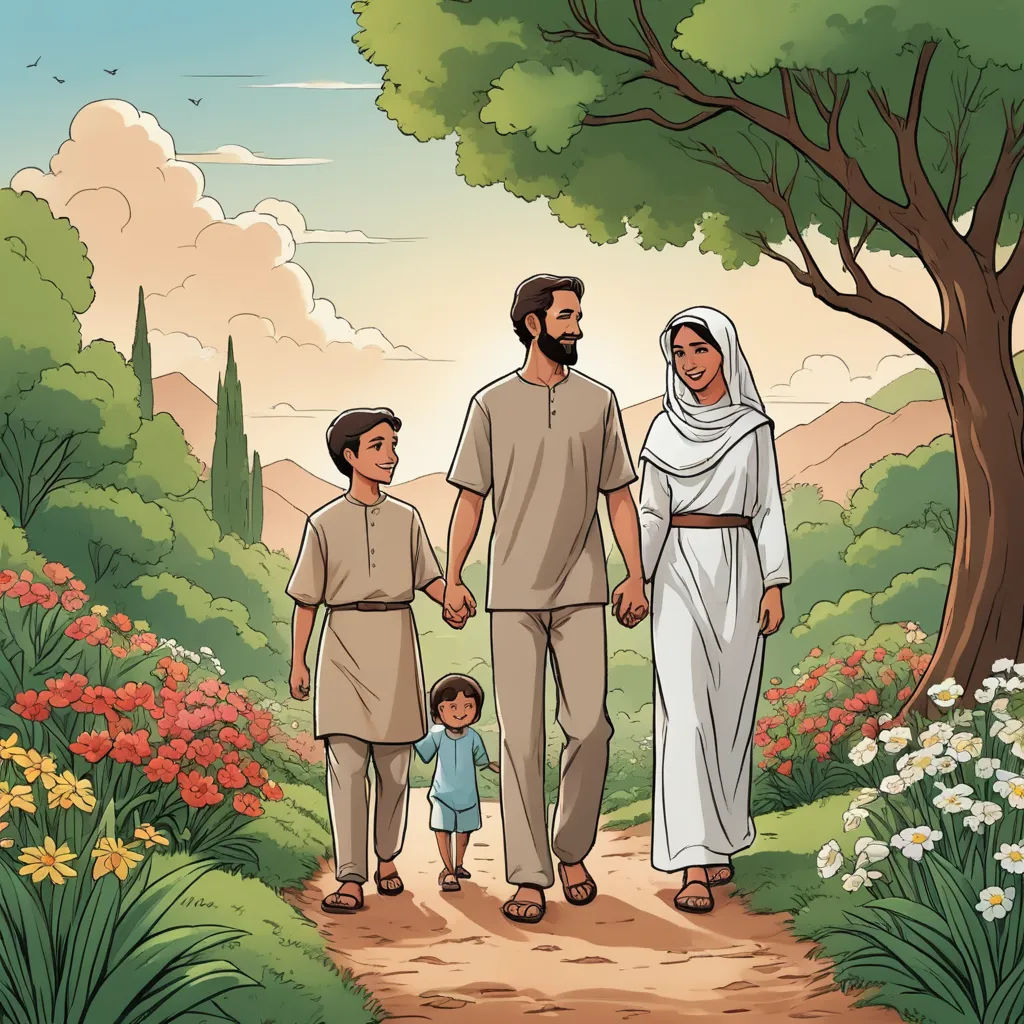 a cartoon of a family walking down a path in the woods with a tree and flowers in the background, hurufiyya, a storybook illustration, Asaf Hanuka, official art