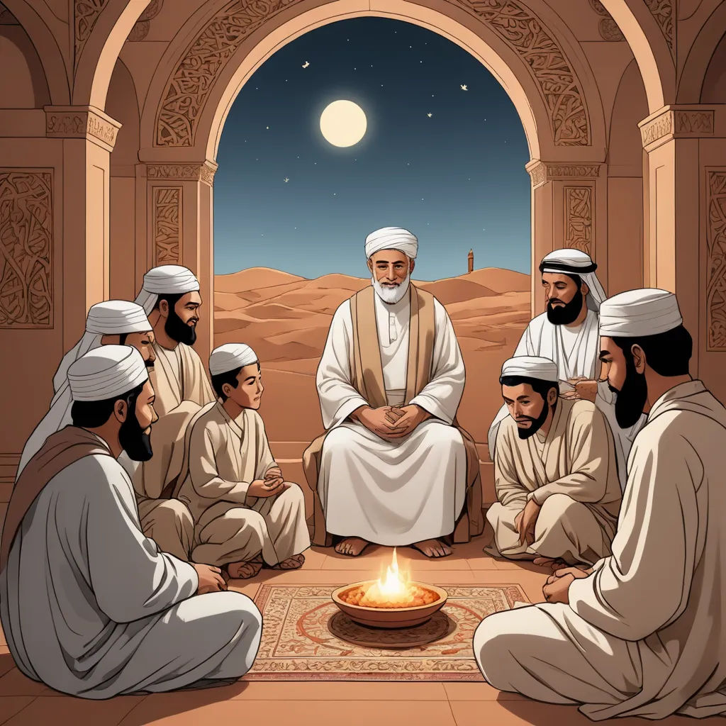 a group of men sitting around a fire in a room with a moon in the sky above them and a person standing in the middle, unilalianism, a storybook illustration, Amir Zand, orientalism