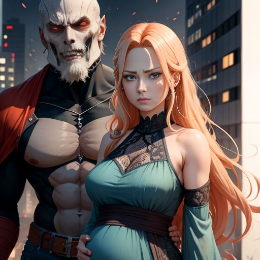a woman and a man in a costume standing next to each other in front of a cityscape