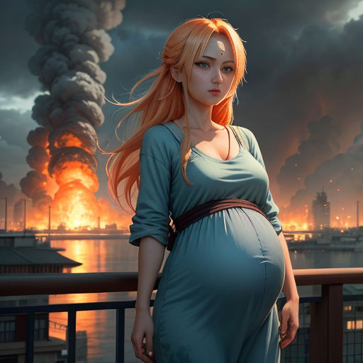 a pregnant woman standing in front of a large fire and smoke cloud in a city at night with a city skyline in the background