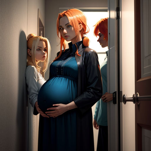 a pregnant woman standing next to a woman in a hallway with two other women looking at her belly and a door