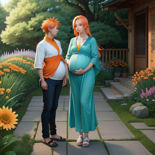 a pregnant woman standing next to a man in a garden with flowers and a house in the background with a sunflower