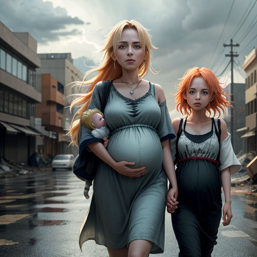 a pregnant woman and a child walking down a street in the rain with a dark sky in the background