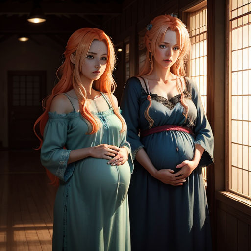 a pregnant woman standing next to a pregnant woman in a dress in a room with windows and a wooden floor