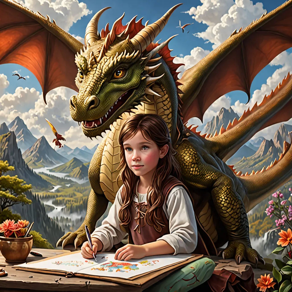a girl sitting at a table with a dragon on her head and a book in front of her,, fantasy art, a storybook illustration, Clint Cearley, highly detailed digital painting