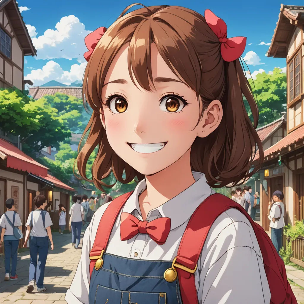 a girl in a school uniform is smiling at the camera while standing in front of a crowd of people, remodernism, a character portrait, Chizuko Yoshida, official art