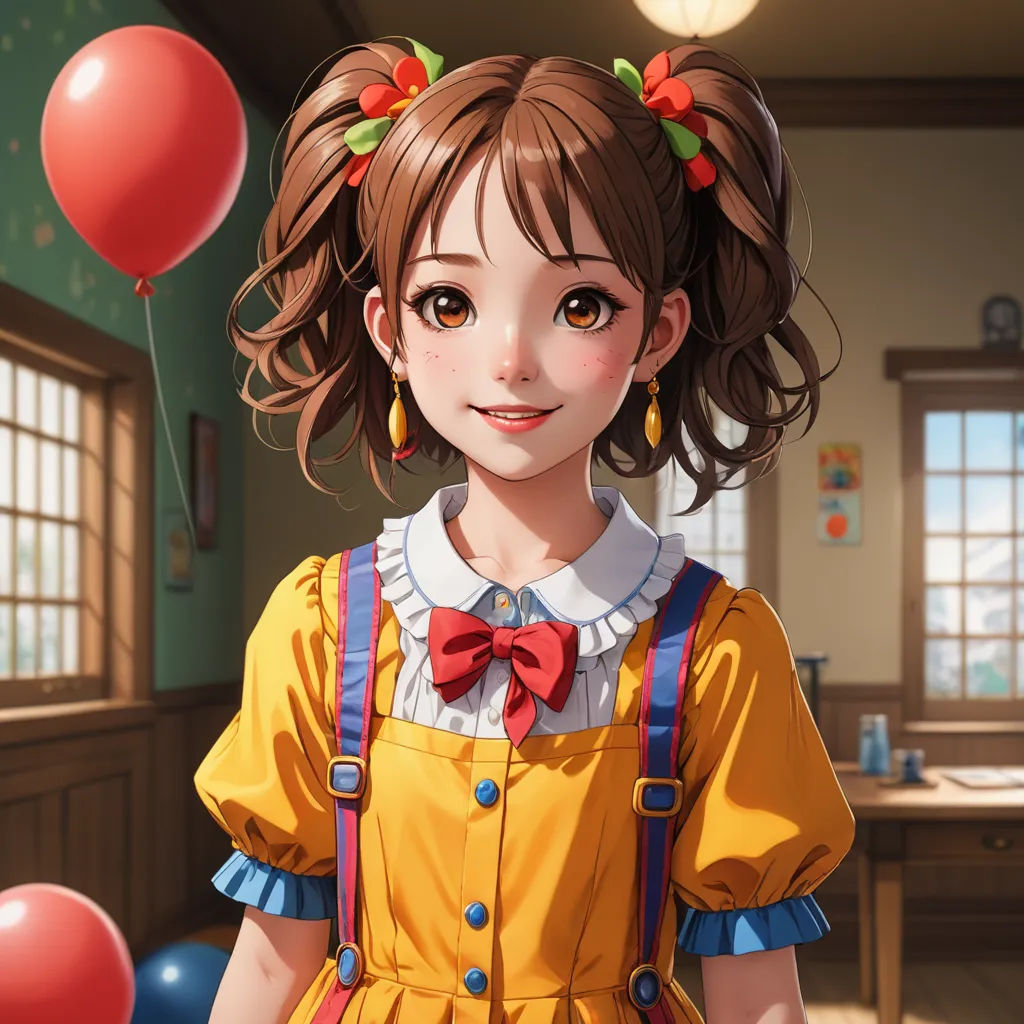 a girl in a yellow dress with a red bow and a red balloon in the air in a room, sots art, a character portrait, Chizuko Yoshida, unreal engine 5 quality render