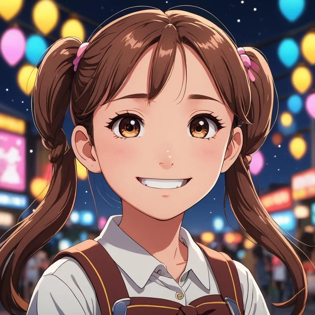 a girl with long hair and a bow tie smiling at the camera in a city at night with lights, sots art, a character portrait, Ai-Mitsu, official art