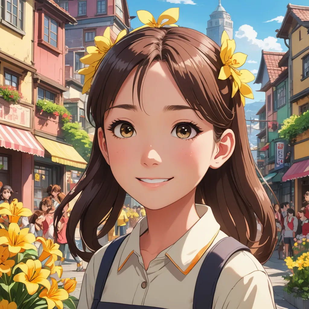 a girl with a flower in her hair standing in front of a crowd of people in a city street, photorealism, a detailed painting, Chizuko Yoshida, rossdraws global illumination