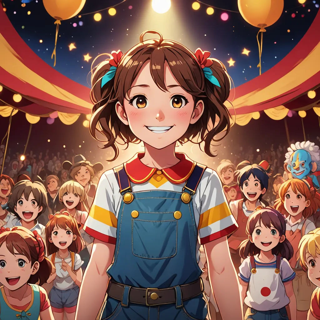 a girl in a crowd of children with balloons in the background and a stage with balloons in the air, sots art, an album cover, Aya Goda, official art