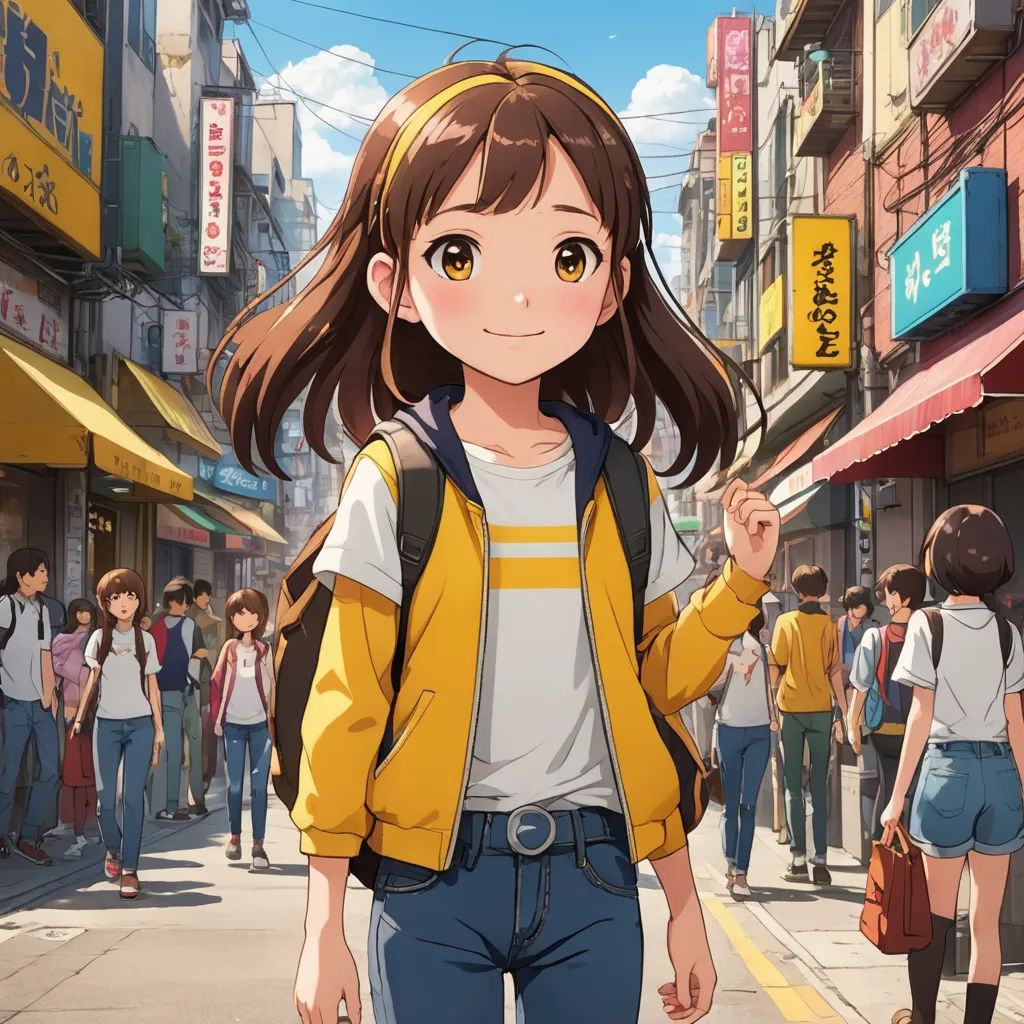 a girl in a yellow jacket is walking down the street with a backpack on her shoulder and a backpack on her shoulder, graffiti, concept art, Ai-Mitsu, official art