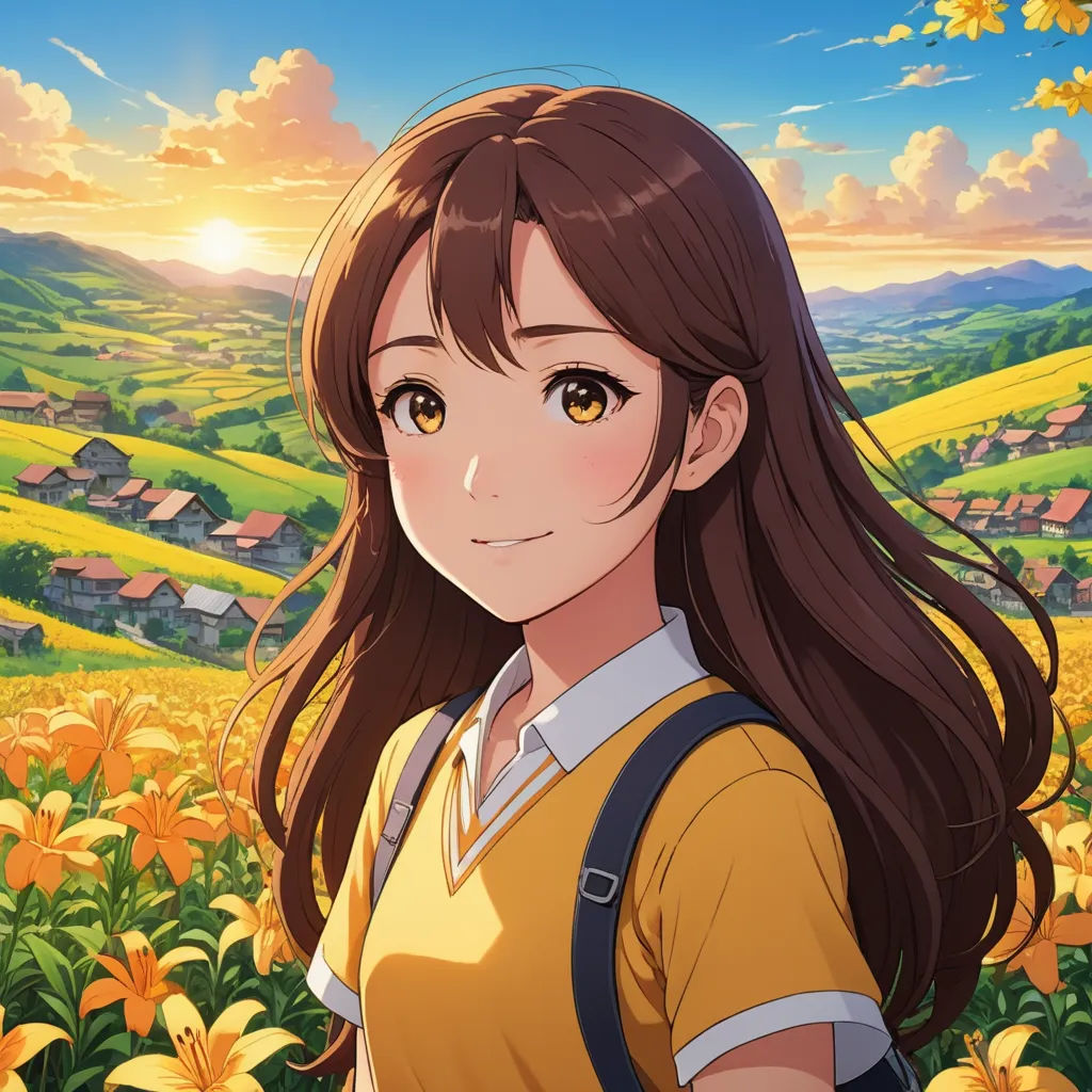 a girl in a yellow shirt standing in a field of flowers with a village in the background and a sun setting, synthetism, a character portrait, Ai-Mitsu, official art