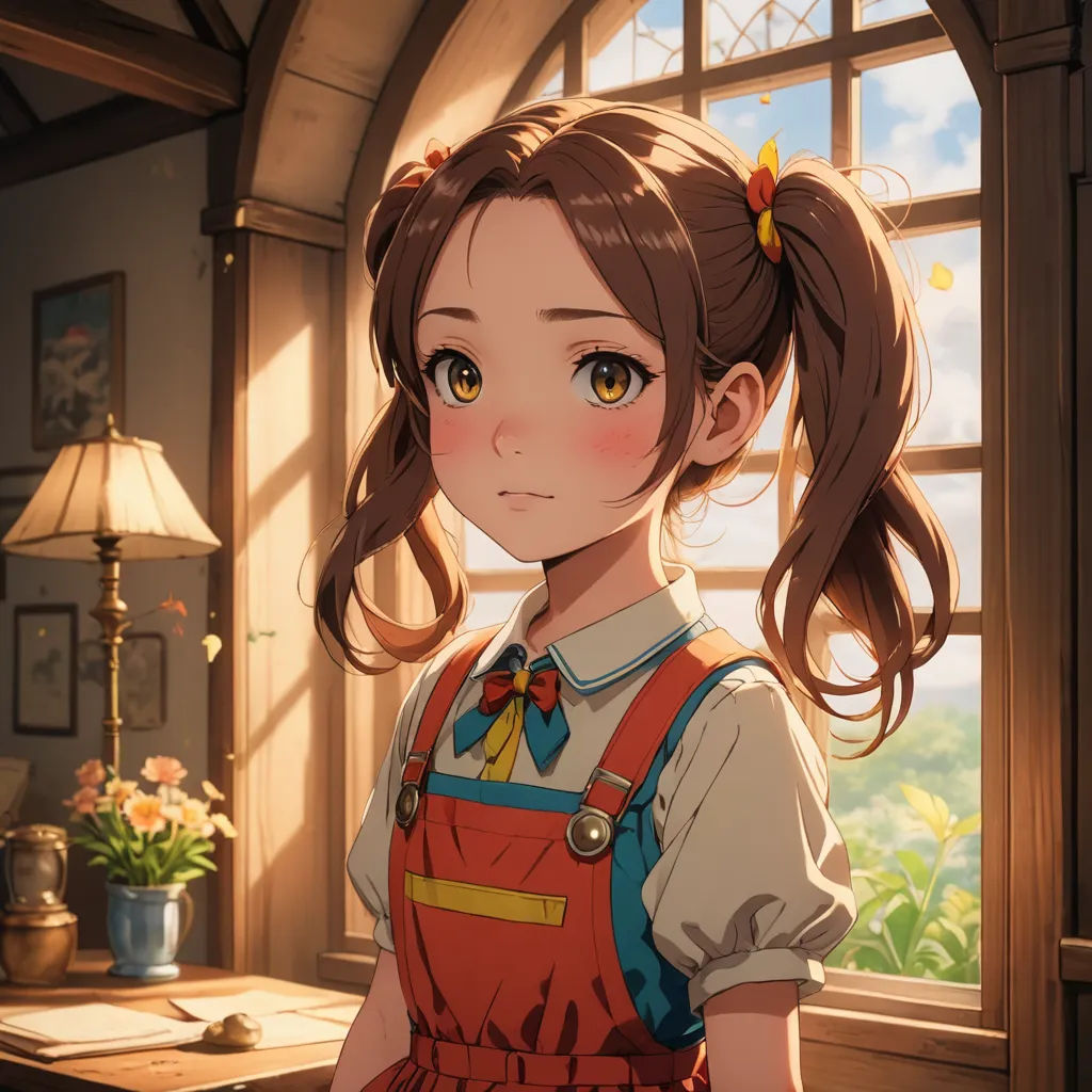a girl with a ponytail standing in front of a window with a lamp on it's side and a lamp on the other side of the window, sots art, a character portrait, Anne Said, rossdraws global illumination