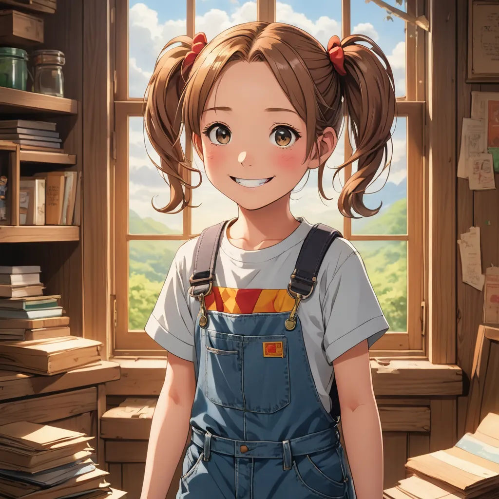 a girl with a smile standing in front of a window in a room with bookshelves and a book shelf, sots art, a character portrait, Chizuko Yoshida, official art