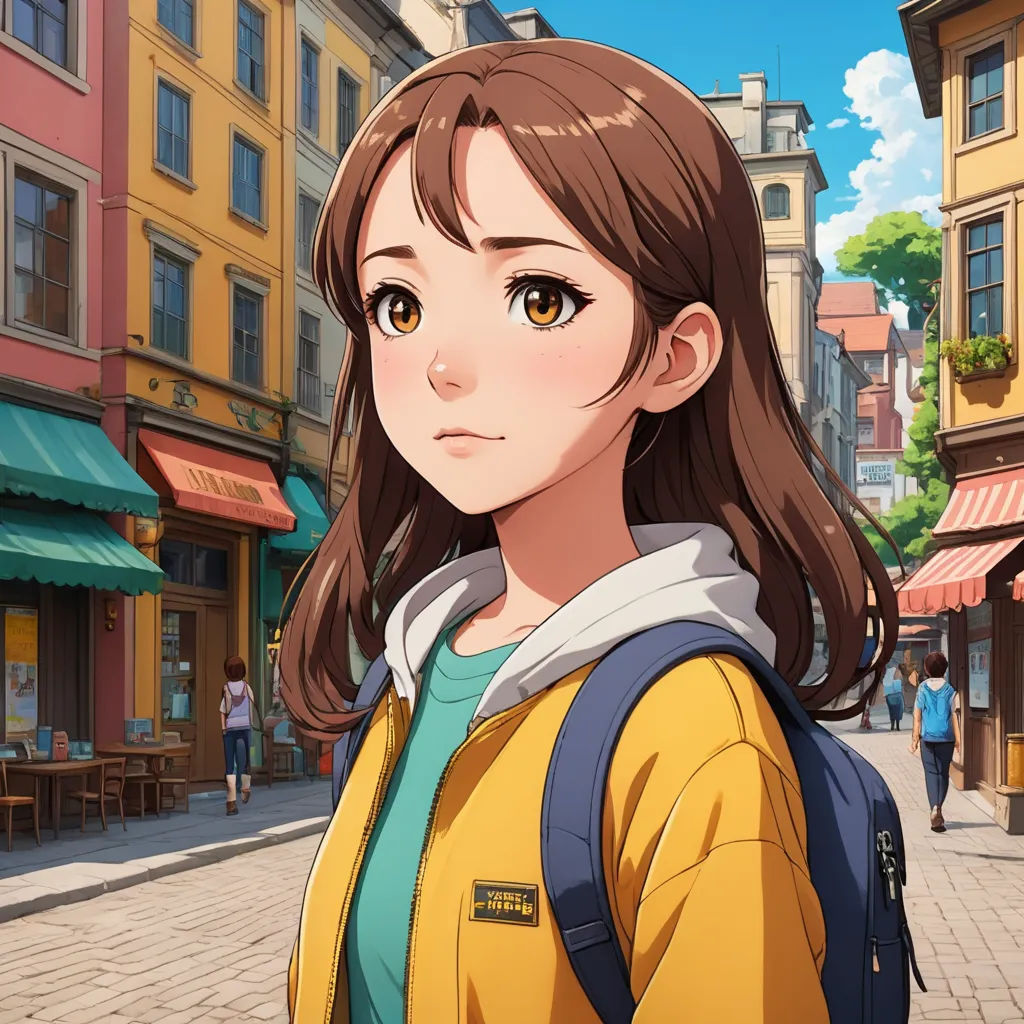 a girl in a yellow jacket is standing in a street with buildings and people in the background and a woman with a backpack is looking at the camera, serial art, a character portrait, Chizuko Yoshida, official art