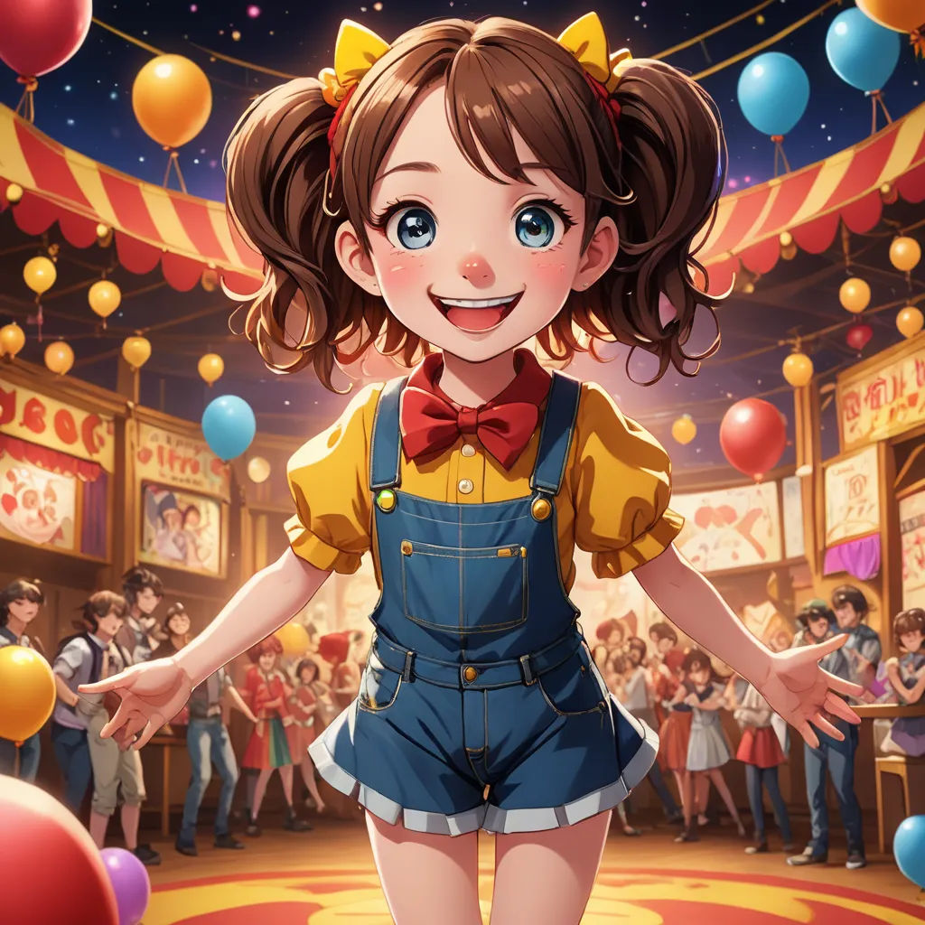 a girl in overalls and a bow tie standing in front of a crowd of people in a circus, sots art, concept art, Du Qiong, official art