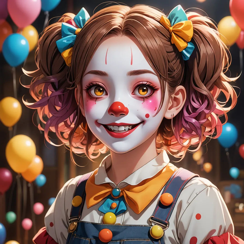 a girl with clown makeup and clown makeup is standing in front of balloons and balloons in the air,, photorealism, a photorealistic painting, Clarice Beckett, trending on art station