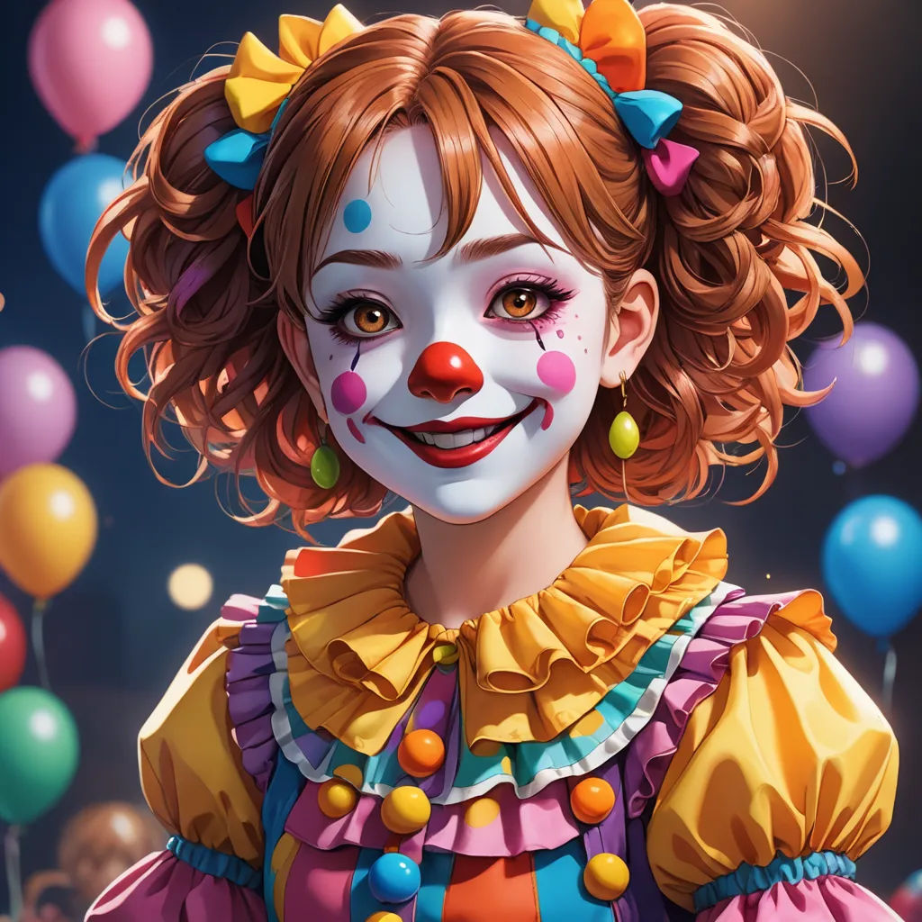 a cartoon of a clown with a clown makeup and a clown nose ring on her head and a bunch of balloons in the background, sots art, a detailed painting, Clarice Beckett, trending on art station