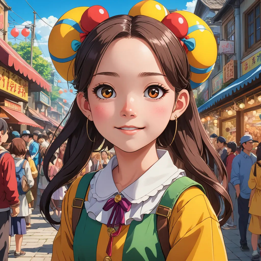 a girl with a yellow hat and green dress and a crowd of people in the background with buildings and shops, cloisonnism, a character portrait, Du Qiong, rossdraws global illumination