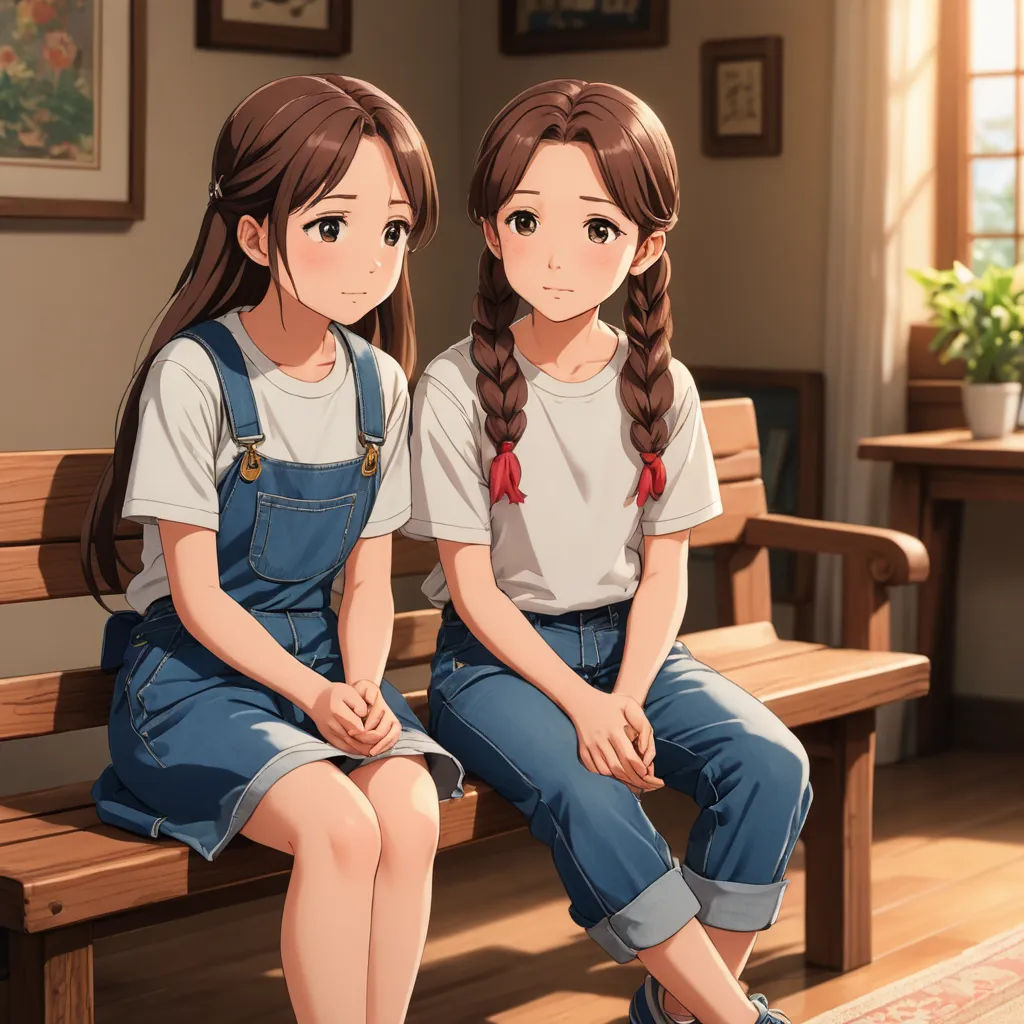two girls sitting on a bench in a room with a rug and a plant in the corner of the room, sots art, concept art, Anne Said, official art