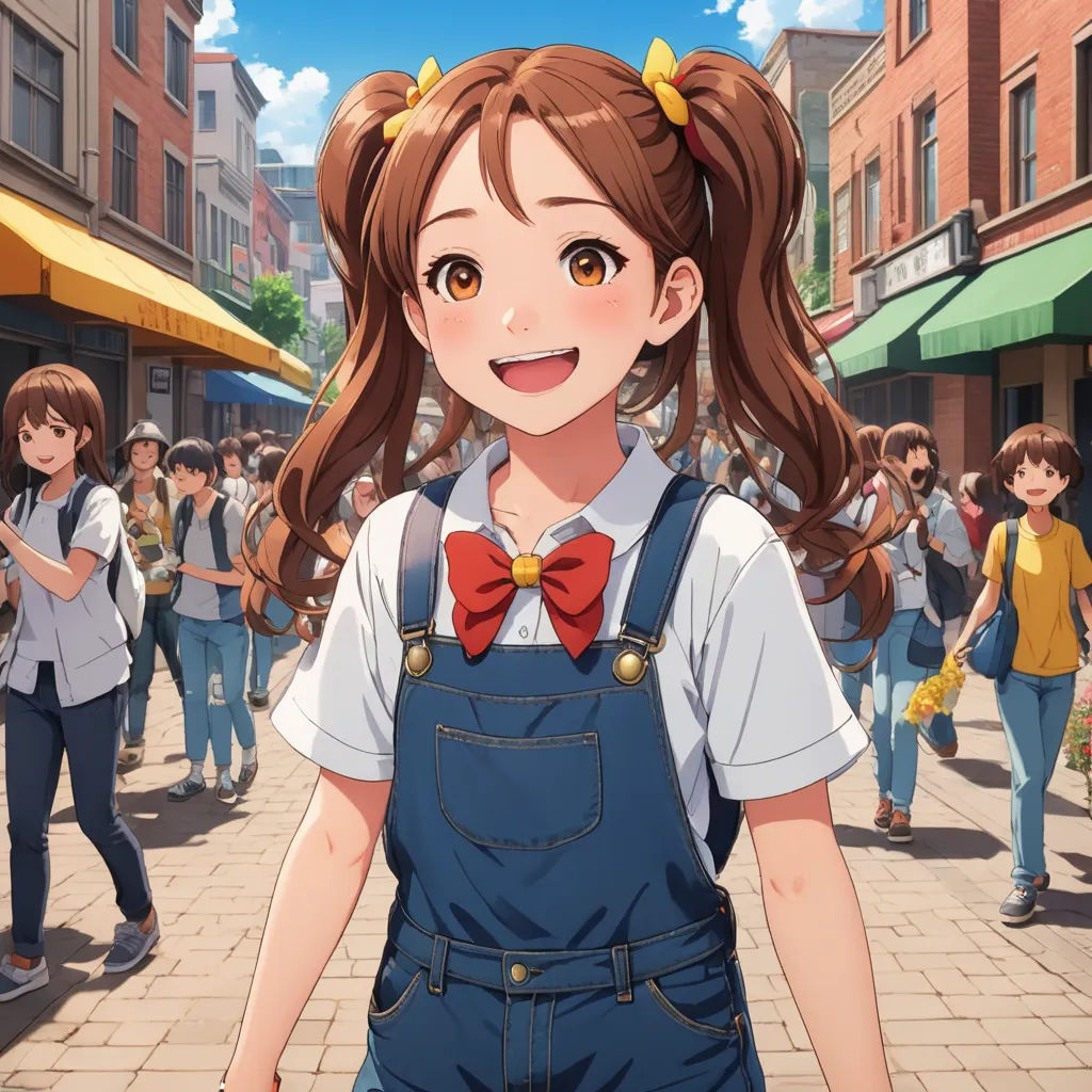 a girl in overalls and a bow tie standing in front of a crowd of people on a city street, sots art, concept art, Ai-Mitsu, official art