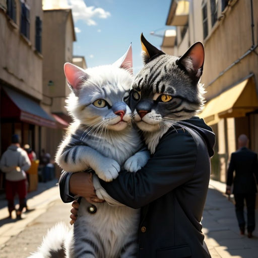a man holding a cat in his arms on a street corner with people walking by and buildings in the background