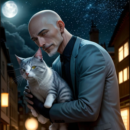 a man holding a cat in his arms in front of a night sky with stars and a full moon
