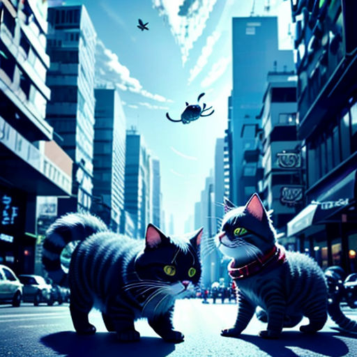 a couple of cats standing on top of a street next to tall buildings and a spider flying over them
