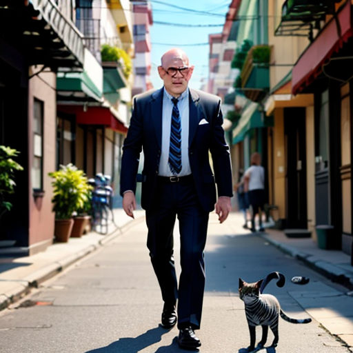 a man in a suit walking a cat down a street in a city with buildings and people in the background
