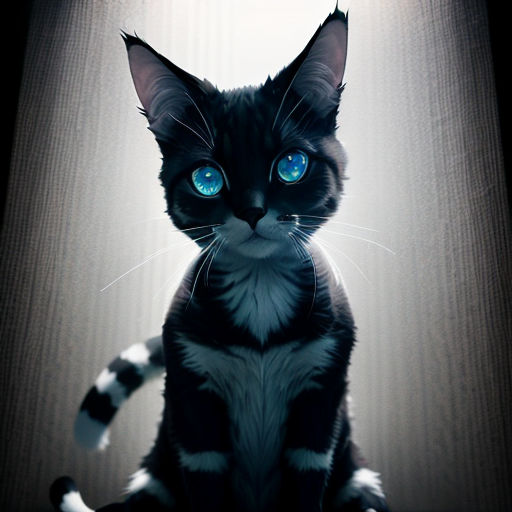 a black and white cat with blue eyes sitting in front of a lamp shade with a black and white cat with blue eyes