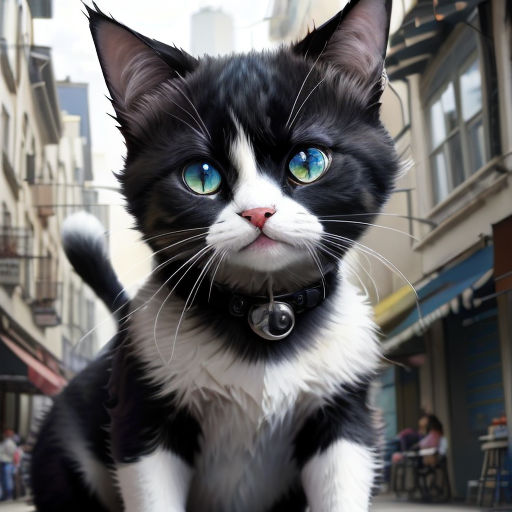 a black and white cat with blue eyes sitting on a table in a city street with people walking by
