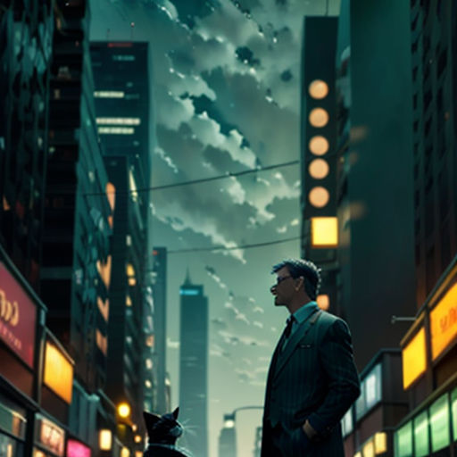 a man standing on a street corner in a city at night with a sky background and clouds in the sky