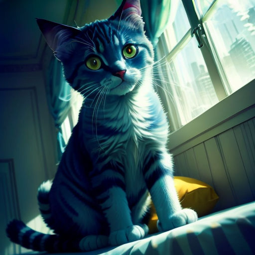 a cat sitting on a bed looking out a window at the camera with a city in the background and a yellow pillow