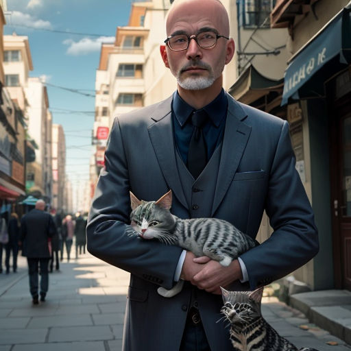 a man in a suit holding a cat on a city street with people walking by on the sidewalk and buildings