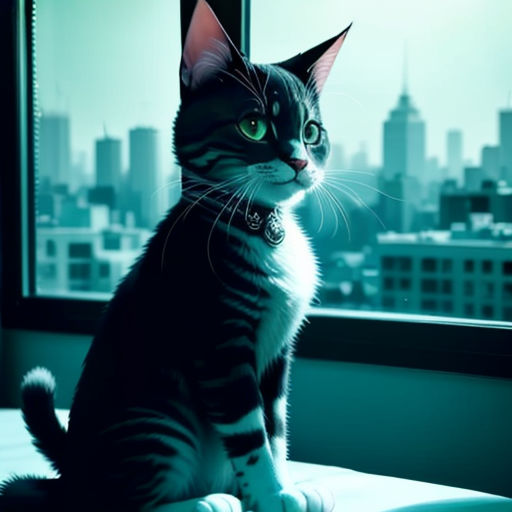 a cat sitting on a bed looking out a window at the city skyline in the background, with a green glow