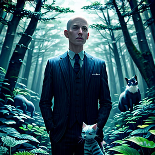 a man standing in a forest with a cat in his lapel and a cat in his suit on his lapel