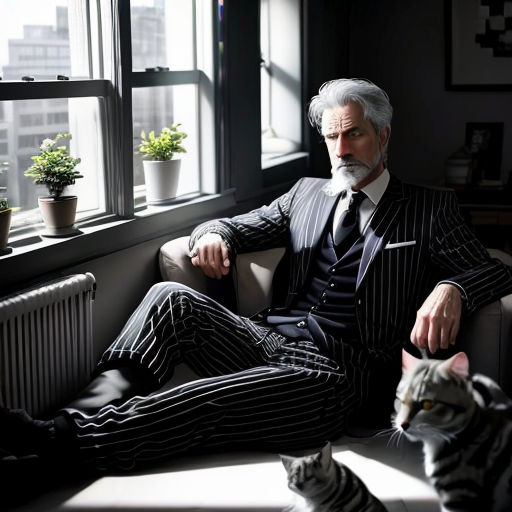 a man in a suit sitting on a couch next to a cat and a window with a view of a city