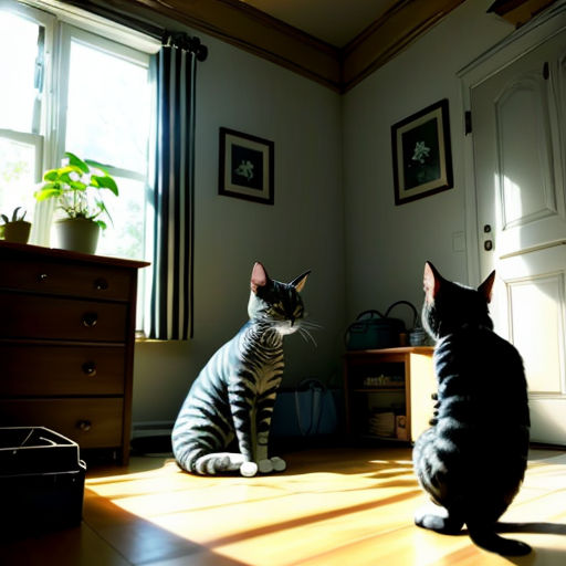 two cats sitting on the floor in a room with a door and a window in the background, one cat looking at the other cat