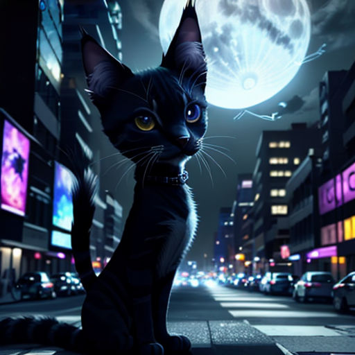 a black cat sitting on a city street at night with a full moon in the background and a city street with cars